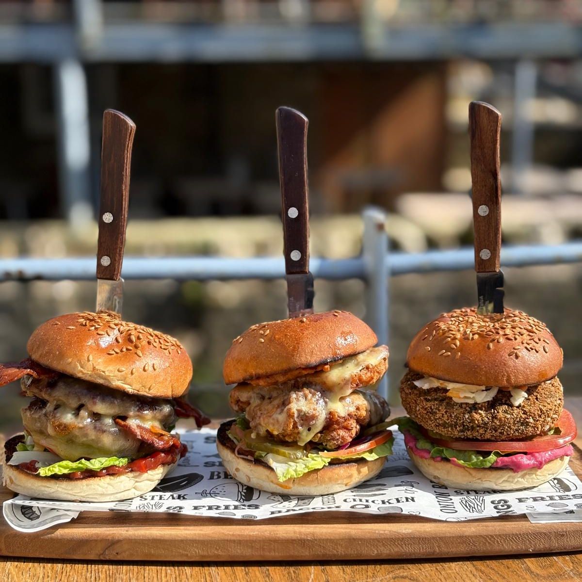 Three Gourmet Burgers, Meat, Chicken and Veggie Burgers